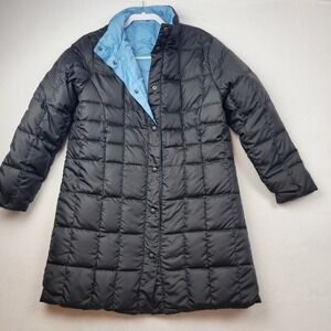 LL Bean‎ Womens Reversible Puffer Coat Size Small Petite Black Down Fill Snap